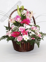 Cesta de flor con lilium oriental, gerberas, rosas